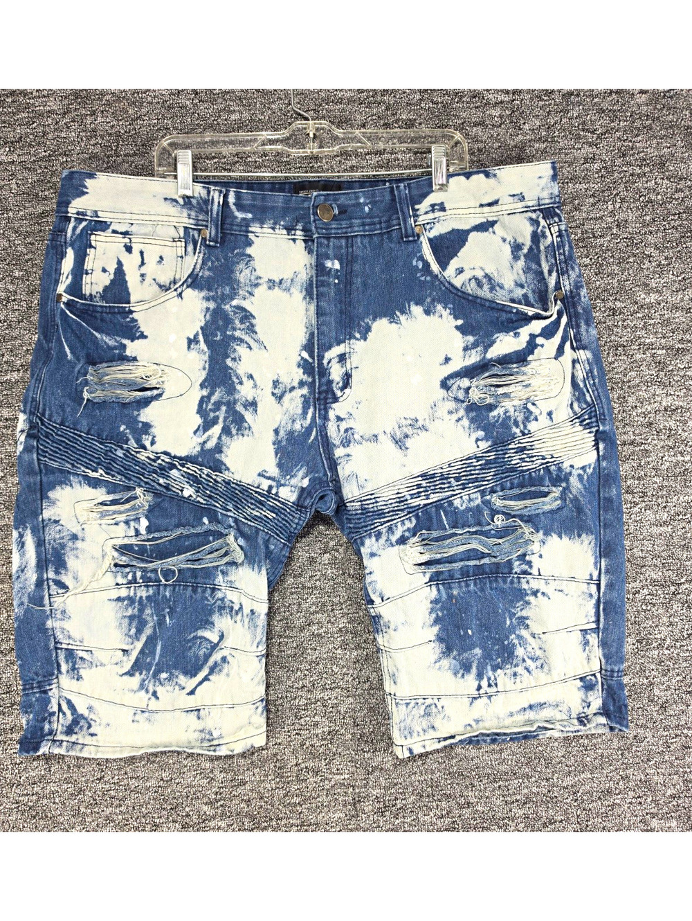 Kroix Chino Shorts Men Denim Tie-Dye Distressed 5-Pocket Blue White Button